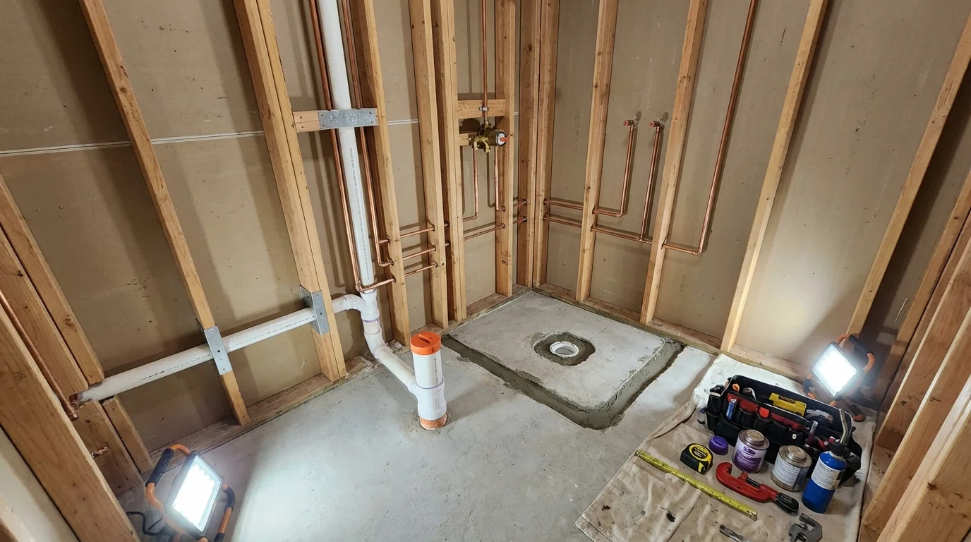 Bathroom rough-in plumbing during remodel by Johns Plumbing LLC in Fort Yates