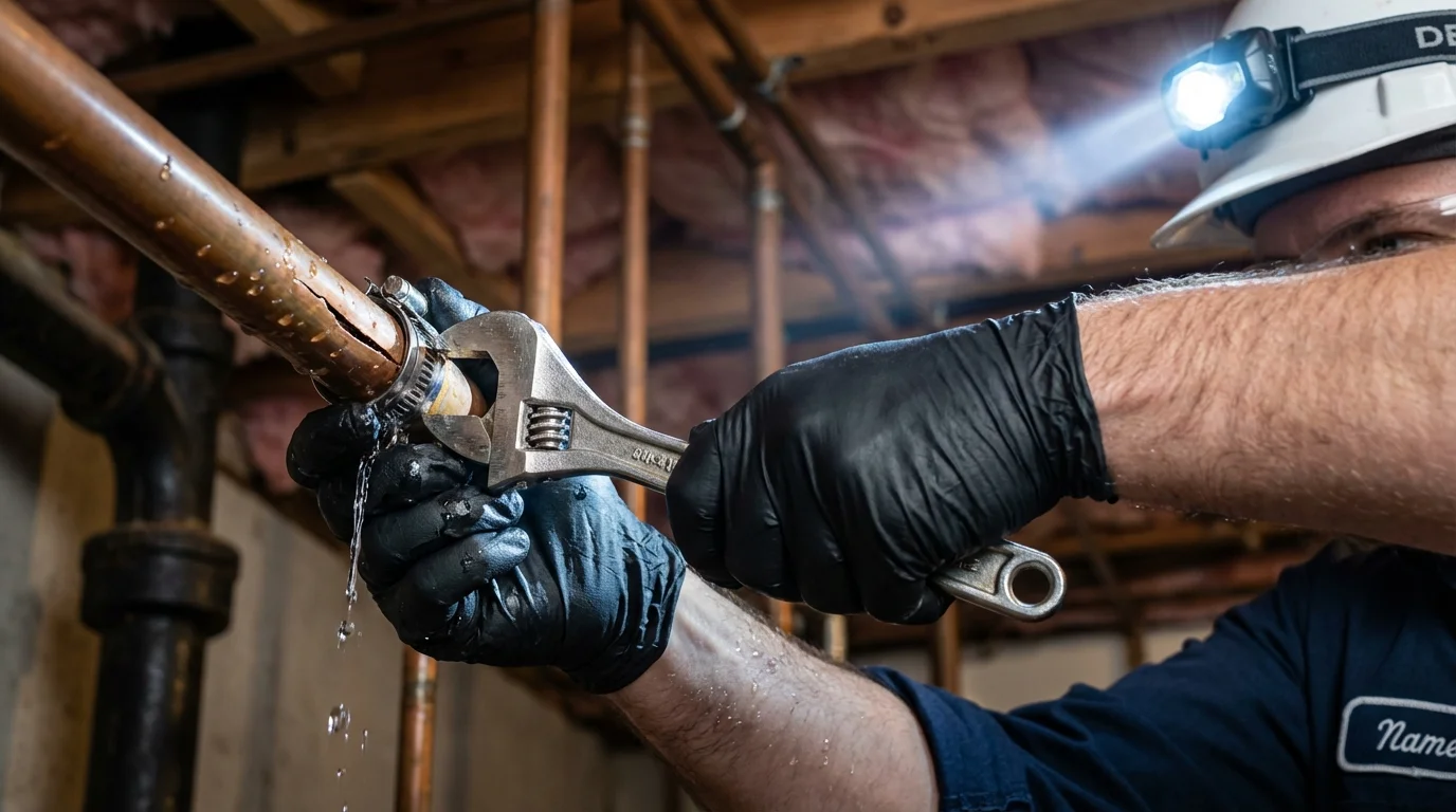 Emergency pipe clamp repair being performed by a Johns Plumbing LLC plumber in Fort Yates