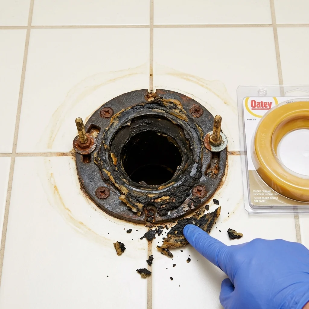 Failed wax ring showing water seepage at the base of a toilet in a Fort Yates, ND home
